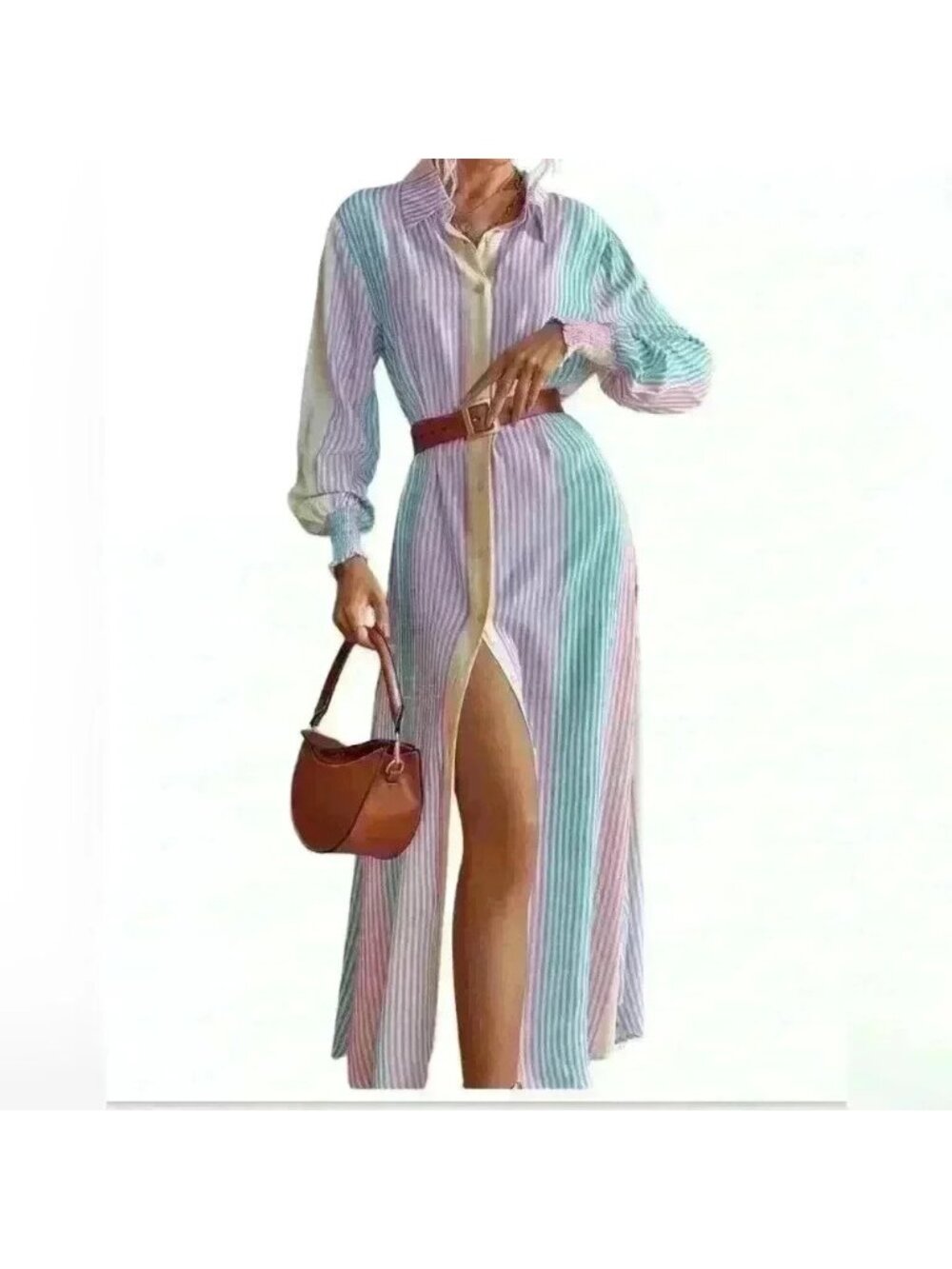 New Striped button down ladies Size large maxi curved hem dress - Picture 2 of 7